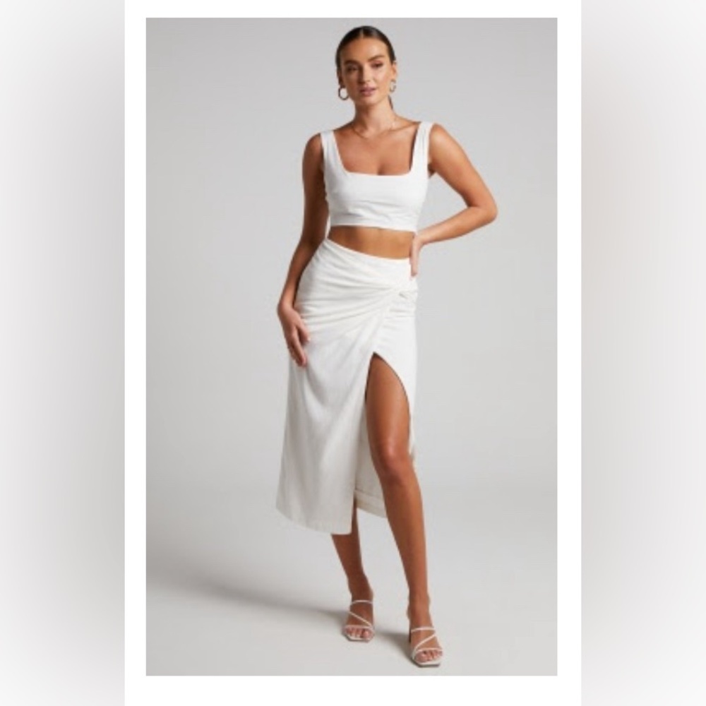 LINEN LOOK CROP TOP AND KNOT FRONT MIDI SKIRT SET IN WHITE
